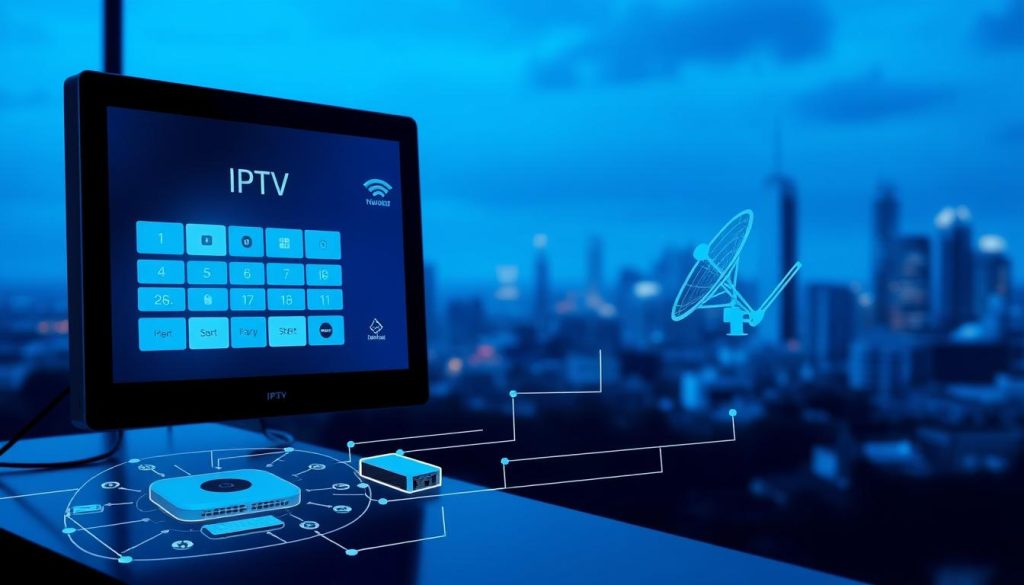 A high-tech control panel displaying the IPTV interface, with sleek lines and a minimalist design. In the foreground, a detailed schematic of the IPTV system, showcasing the various components and how they interconnect. In the middle ground, a stylized satellite dish and router, symbolizing the wireless connectivity that powers IPTV. The background features a cityscape, representing the widespread availability and accessibility of IPTV services. The overall scene is illuminated by cool, blue-tinted lighting, creating a sense of modernity and innovation. IPTV vs Cable A high-tech control panel displaying the IPTV interface, with sleek lines and a minimalist design. In the foreground, a detailed schematic of the IPTV system, showcasing the various components and how they interconnect. In the middle ground, a stylized satellite dish and router, symbolizing the wireless connectivity that powers IPTV. The background features a cityscape, representing the widespread availability and accessibility of IPTV services. The overall scene is illuminated by cool, blue-tinted lighting, creating a sense of modernity and innovation.